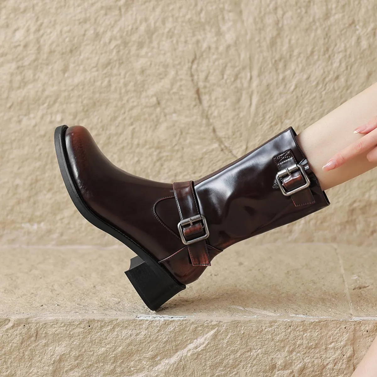 2024 Delle Donne Del Cuoio Genuino Stivali A Metà Polpaccio di Spessore Med Tacchi Punta Rotonda Casual Ufficio Scarpe da Festa