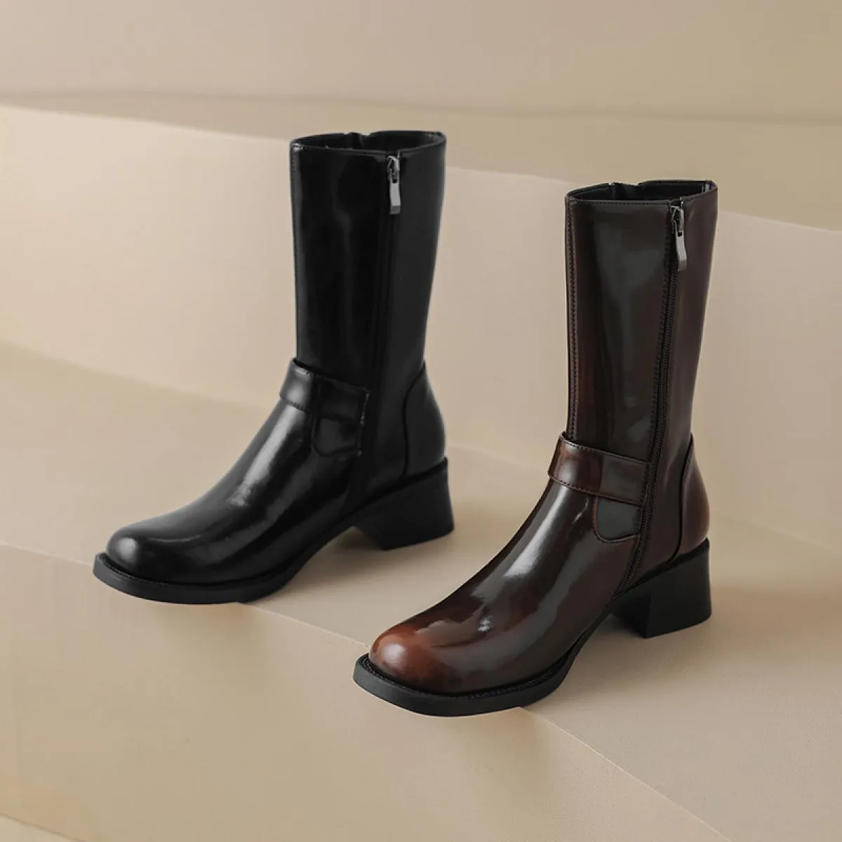 2024 Delle Donne Del Cuoio Genuino Stivali A Metà Polpaccio di Spessore Med Tacchi Punta Rotonda Casual Ufficio Scarpe da Festa