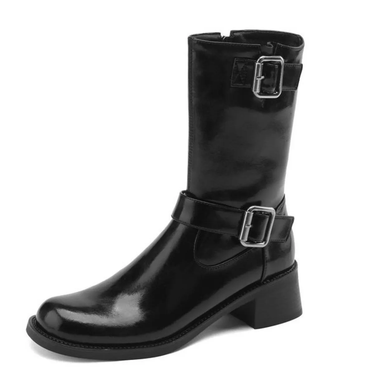 2024 Delle Donne Del Cuoio Genuino Stivali A Metà Polpaccio di Spessore Med Tacchi Punta Rotonda Casual Ufficio Scarpe da Festa