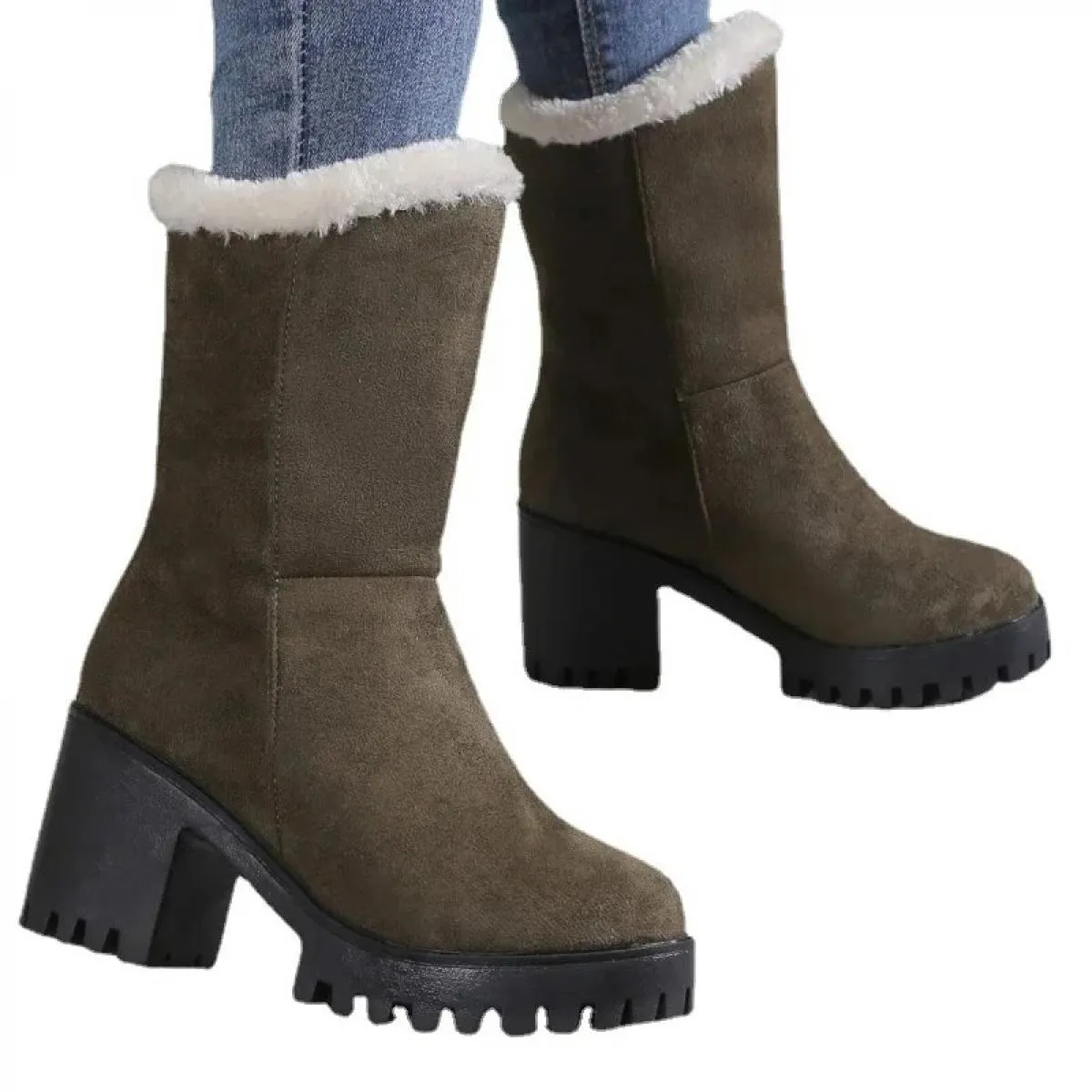 2024 Moda Inverno Nuovo Grande Tacco Medio Moda Tacco Spesso Copertura Indossare Testa Rotonda Colore Solido Tacco Medio Stivali