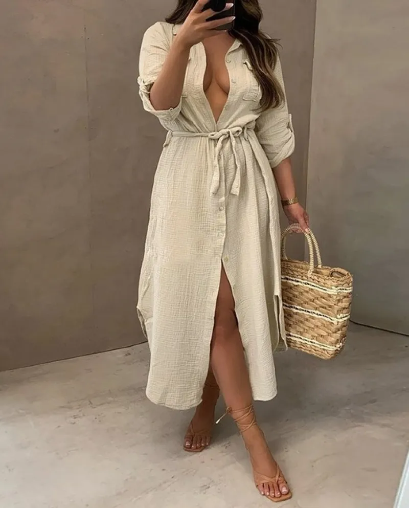 Abito lungo elegante manica lunga moda donna Abito lungo monopetto abbottonato camicia lungo con tasche e Bel