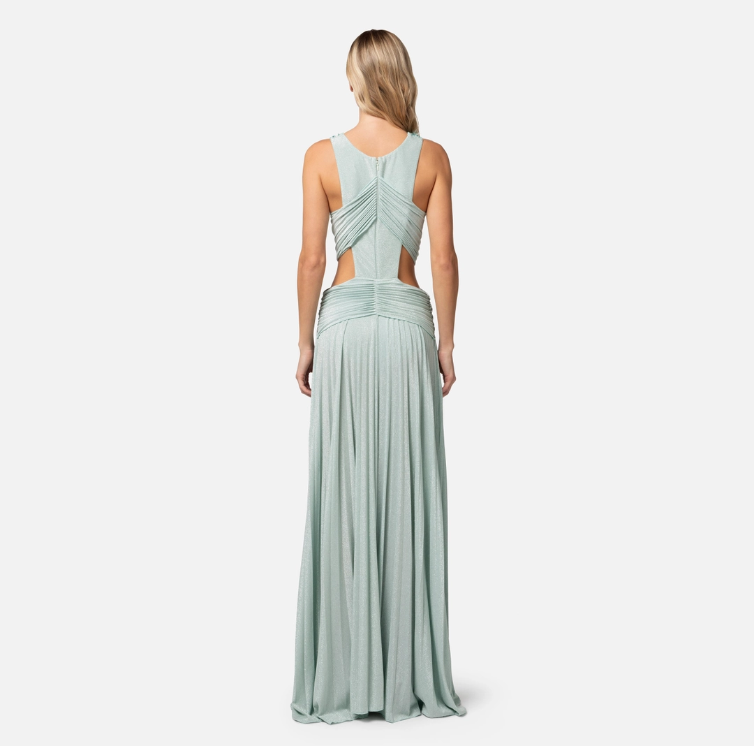 Abito red carpet in jersey lurex plissettato con ricamo
