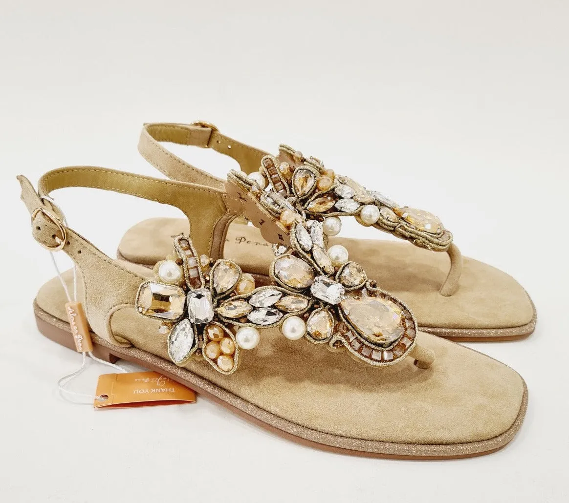 Alma en Pena sandalo infradito camoscio beige tacco alto 2 cm pietre cristallo e ambra rif.50