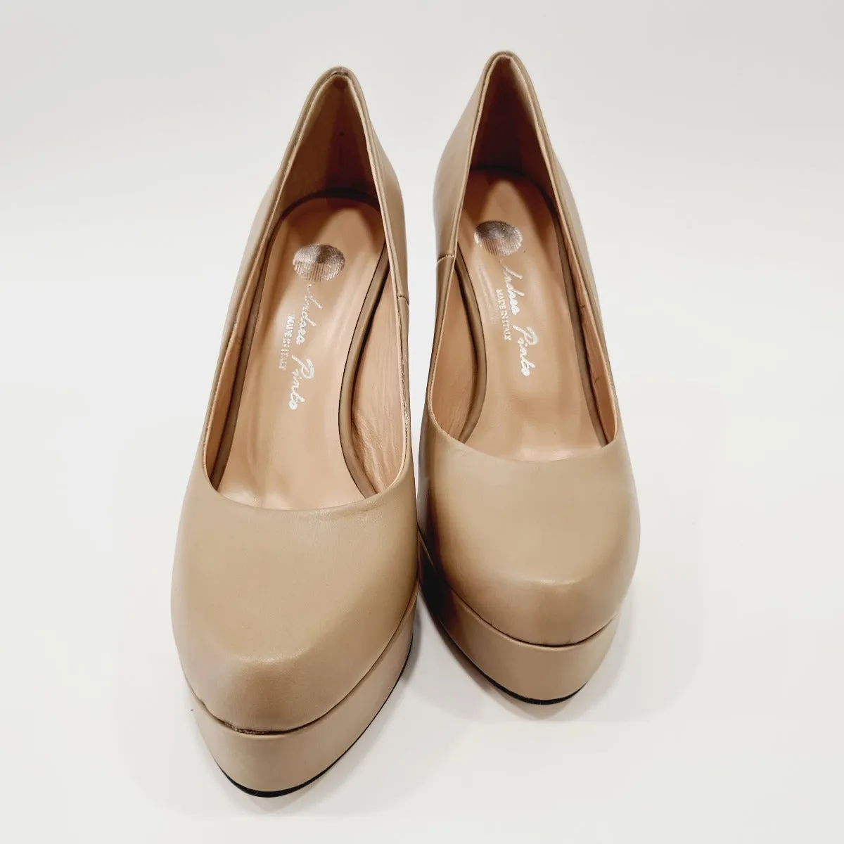 Andrea Pinto Decolte' tacco alto 11,5 cm. plateau 2,5 cm. Pelle Tortora rif.402