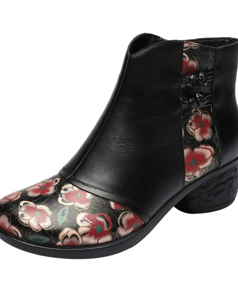 Autunno e inverno tacco medio spesso stile etnico stivali coordinati in colore punta strato pelle bovina 1295