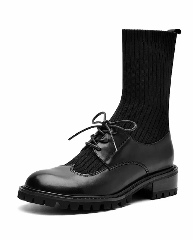 Beautoday Calzino Stivali Donna Vera Pelle di Mucca Filato di Lana Patchwork Senza Pizzo Scarpe da Donna Punta Rotonda Tacco Qua