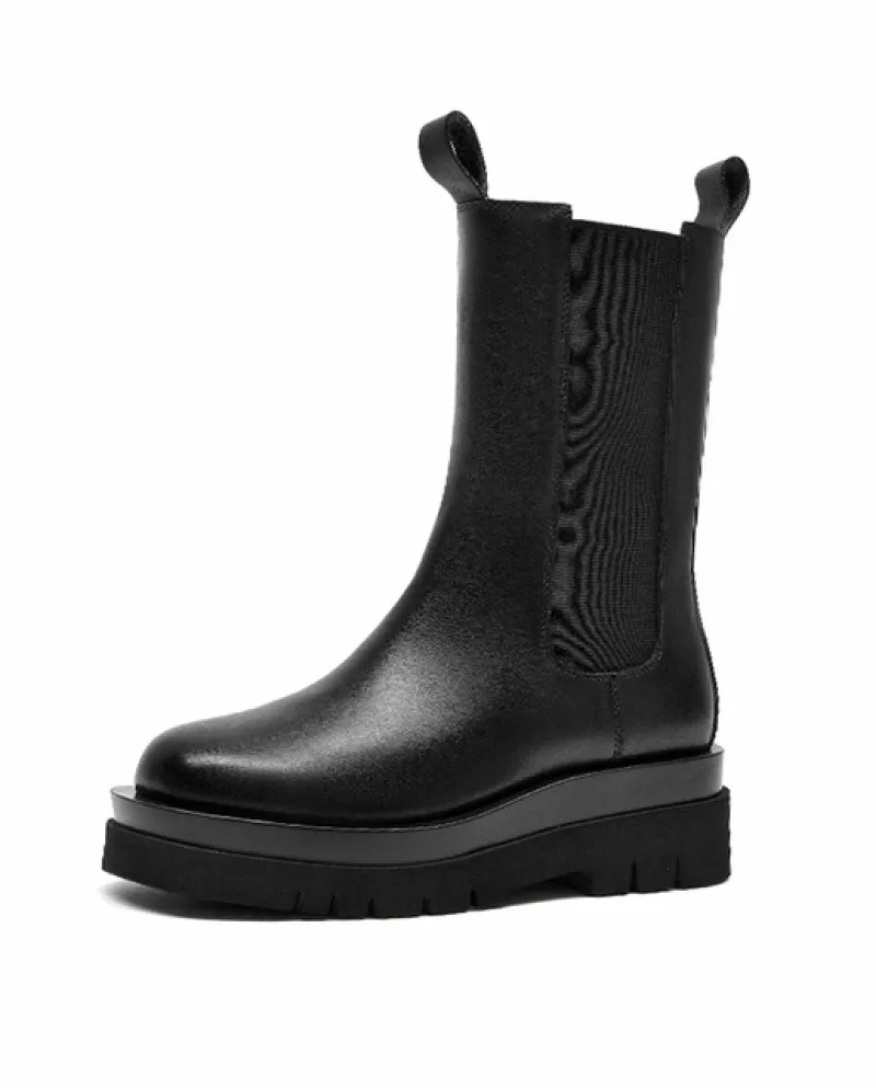 Beautoday Stivali A Metà Polpaccio Piattaforma Donne Pelle di Mucca Fascia Elastica Punta Rotonda Autunno Moda Scarpe Da Donna F