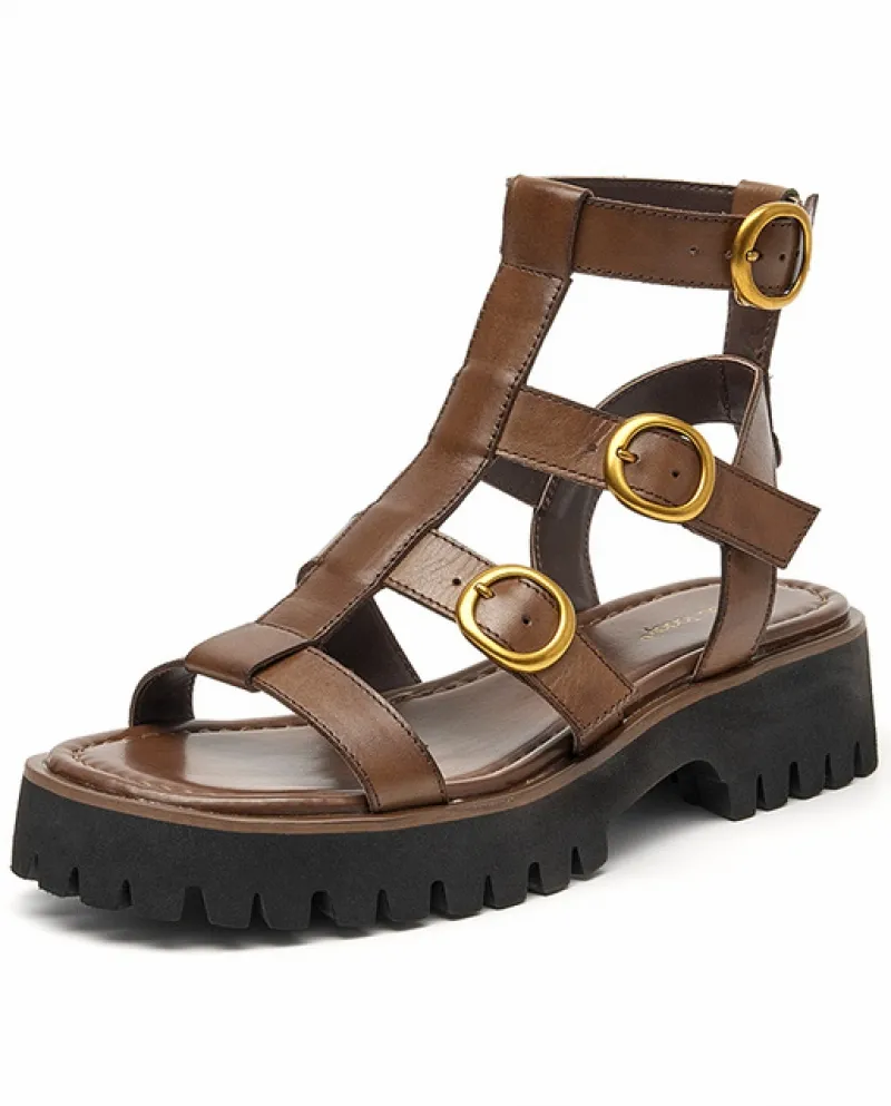 Beautoday Stivali da Gladiatore Donne Estive Vera Pelle di Mucca Piattaforma A Metà Polpaccio Fibbia In Metallo Scarpe Femminili
