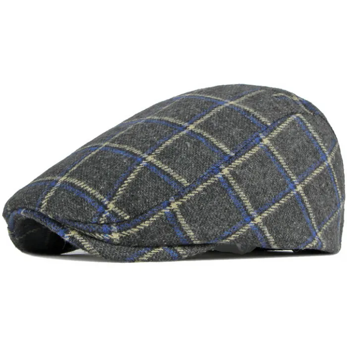 Berretto invernale in tweed con motivo a quadri, regolabile, cuciture nastrate Blu