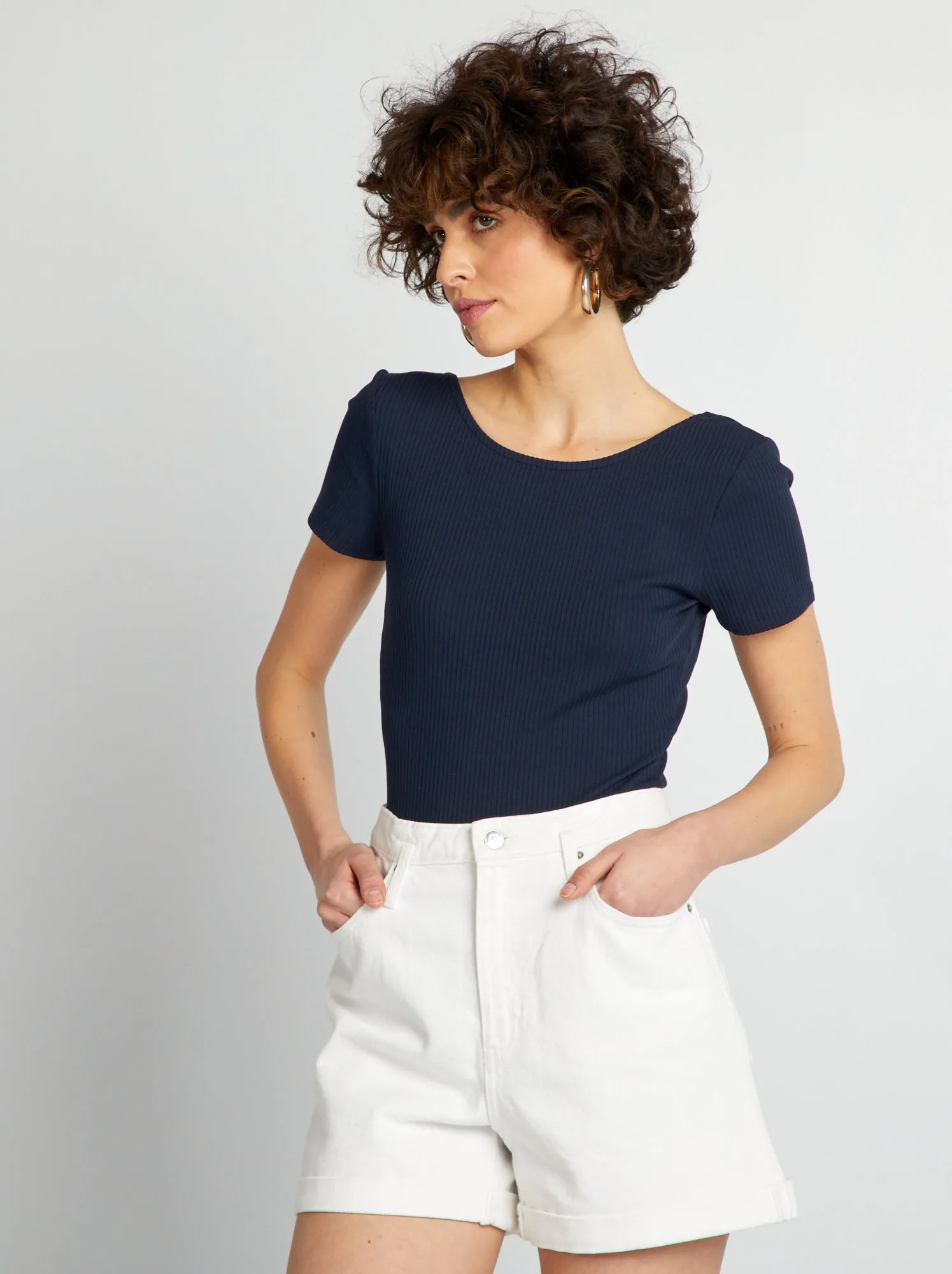 Body a coste scollo tondo e maniche corte - blu