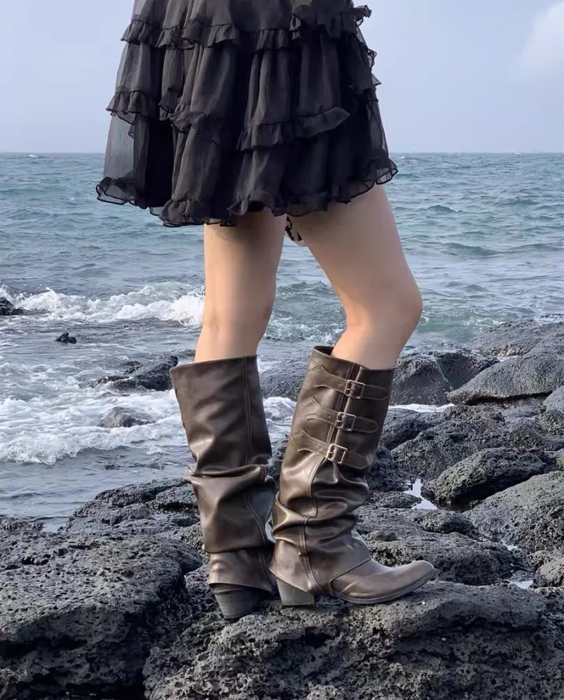Brown Western Cowboy Boots Pleated Long Rider Boots Women's Pointed Toe Thick Heel Trouser Boots