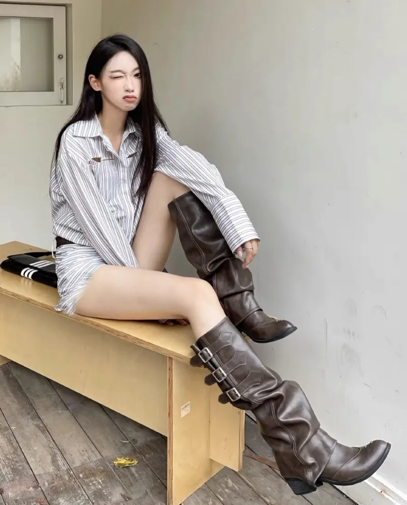 Brown Western Cowboy Boots Pleated Long Rider Boots Women's Pointed Toe Thick Heel Trouser Boots