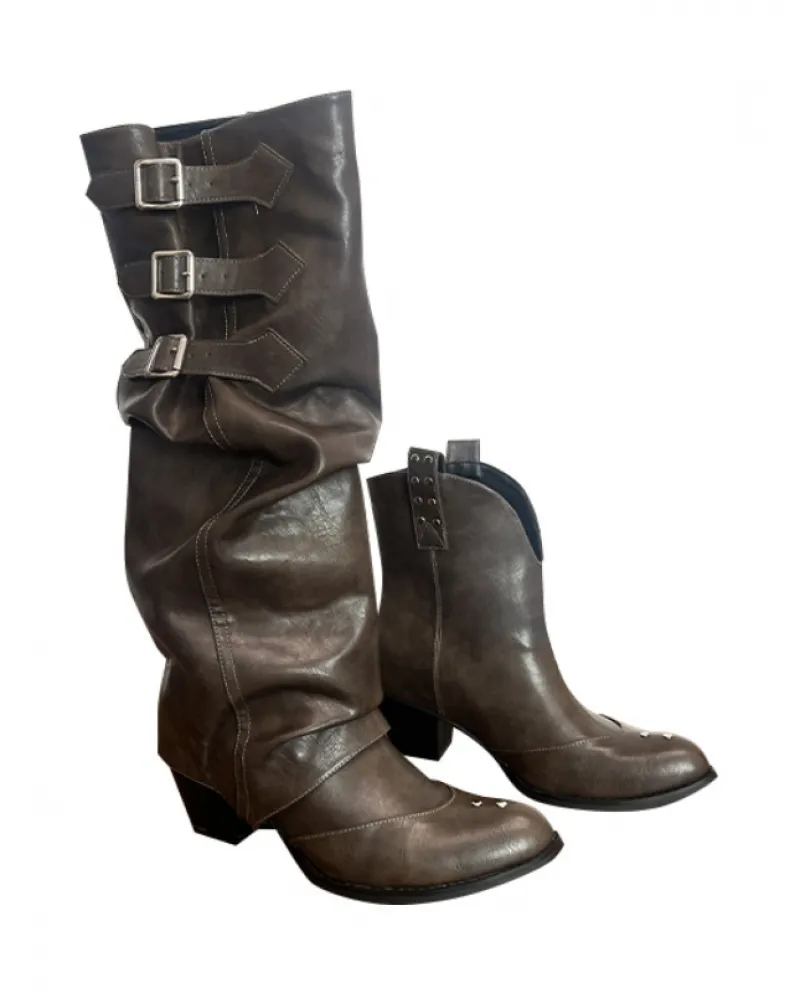 Brown Western Cowboy Boots Pleated Long Rider Boots Women's Pointed Toe Thick Heel Trouser Boots