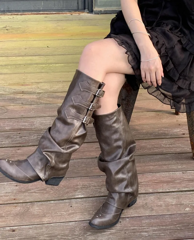 Brown Western Cowboy Boots Pleated Long Rider Boots Women's Pointed Toe Thick Heel Trouser Boots