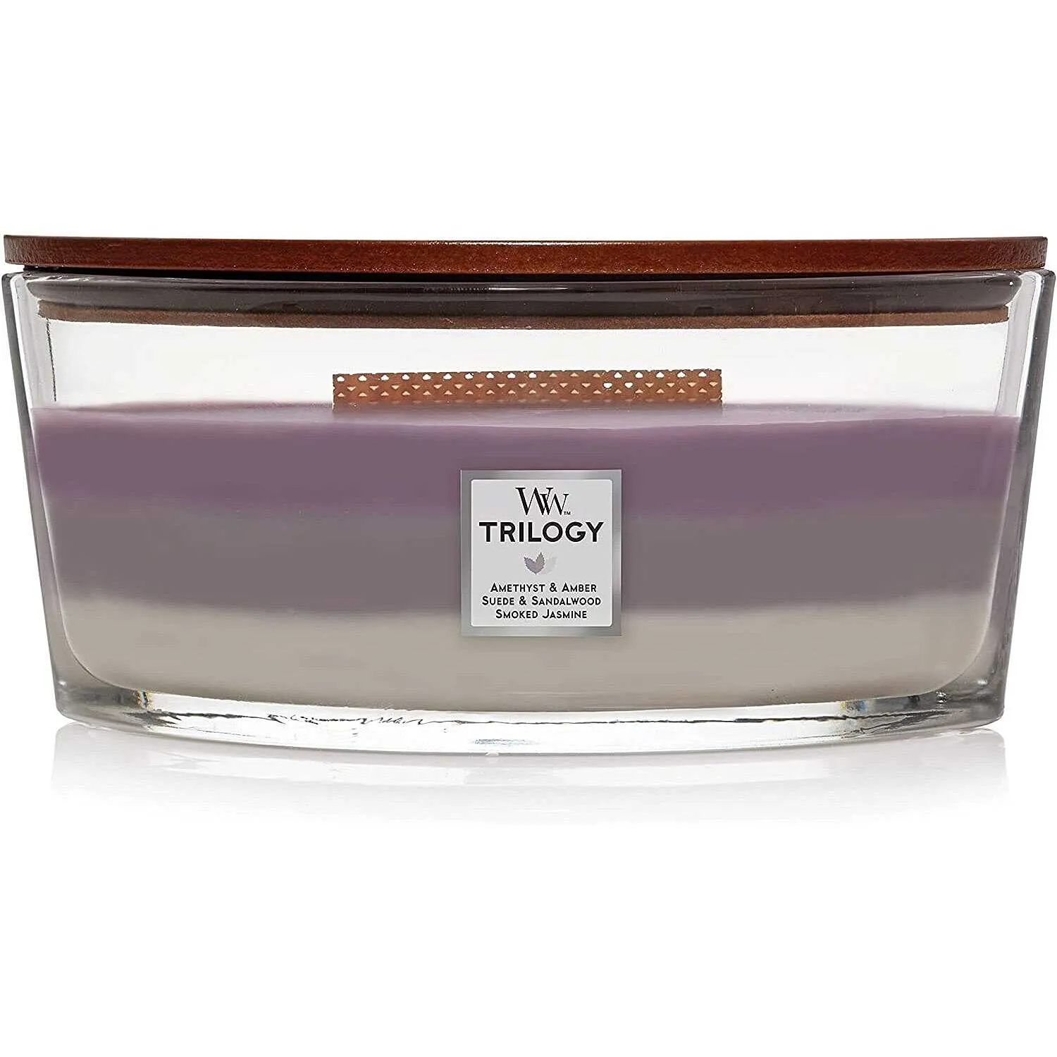 Candela ecologica WoodWick colore Bianco, Viola, Grigio/Argento