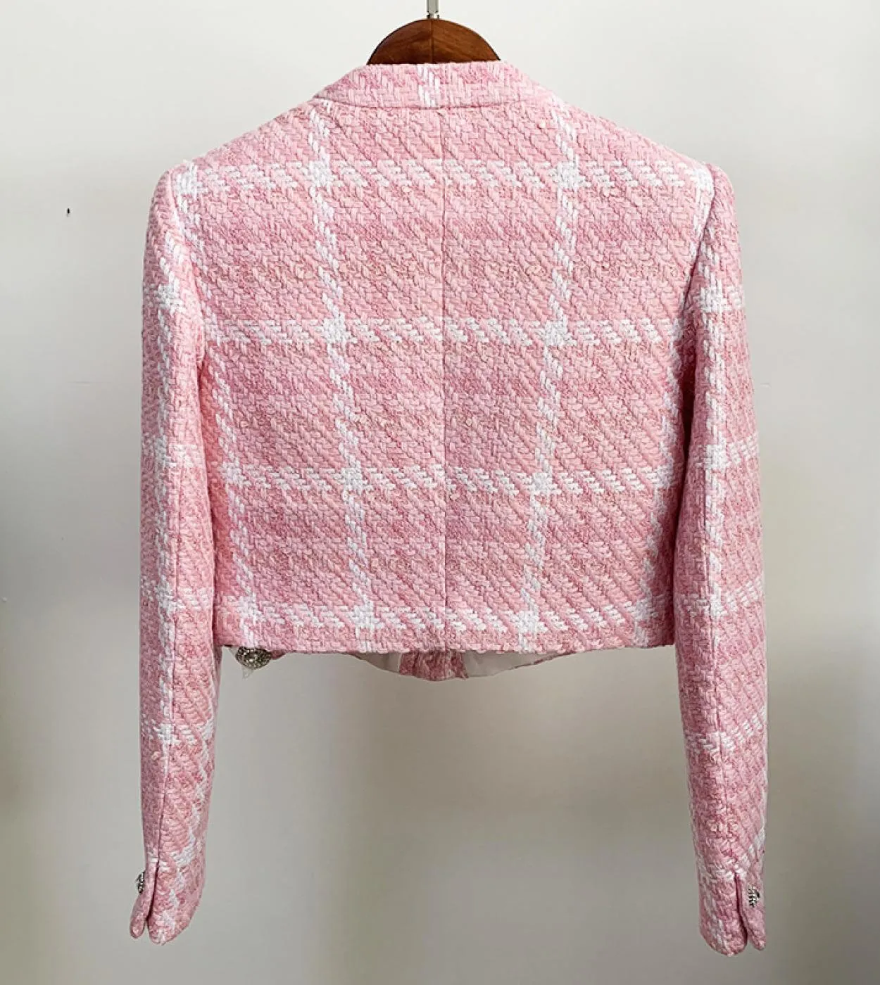 Cappotto da donna in lana intrecciata a quadri rosa Cappotto autunno inverno Tessuto personalizzato Bottone a rombi Giacche cort