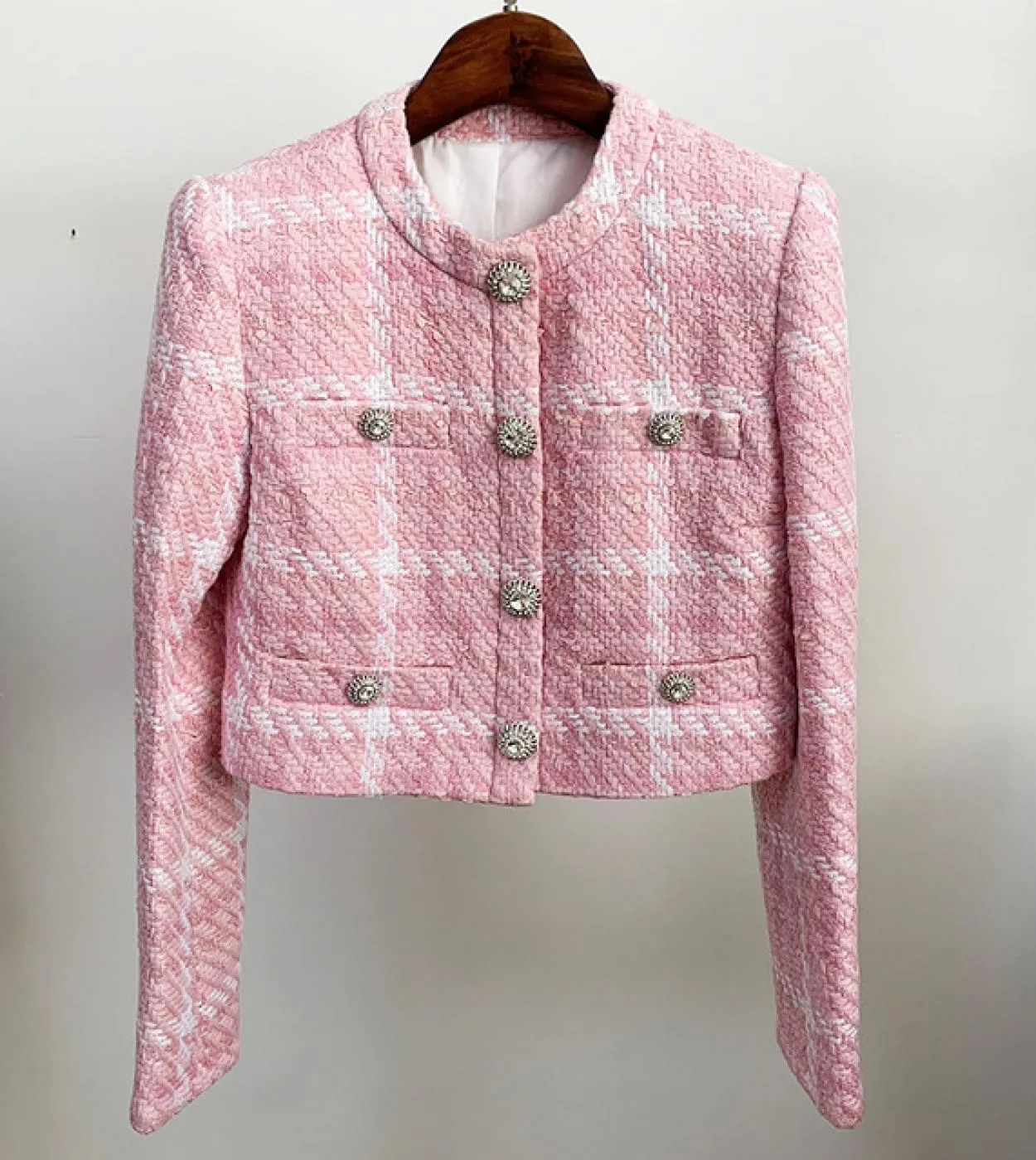 Cappotto da donna in lana intrecciata a quadri rosa Cappotto autunno inverno Tessuto personalizzato Bottone a rombi Giacche cort