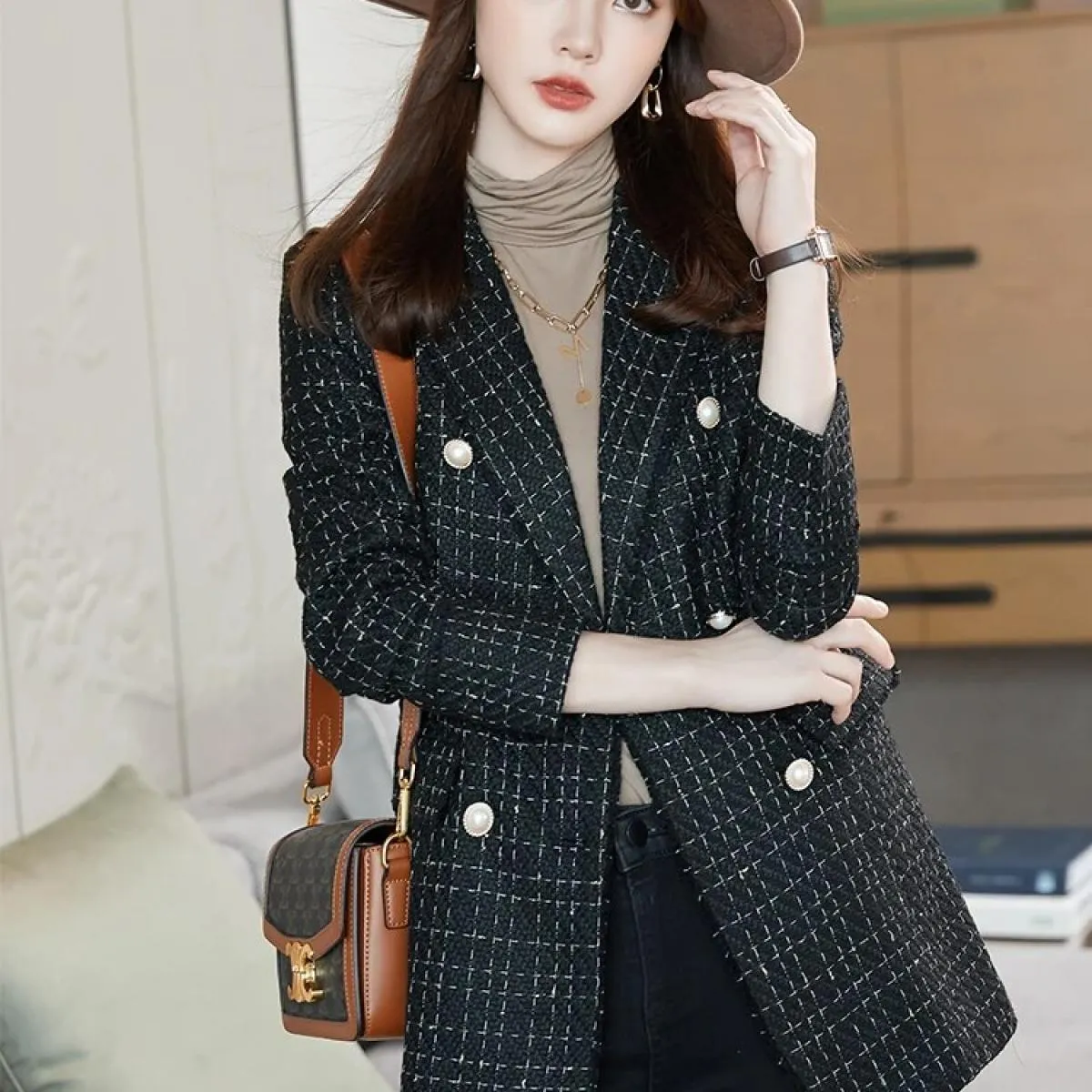 Cappotto da giacca casual dritto doppiopetto a maniche lunghe da donna invernale scozzese bianco nero
