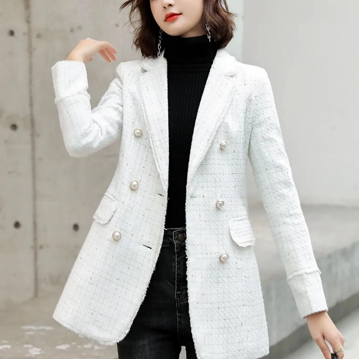 Cappotto da giacca casual dritto doppiopetto a maniche lunghe da donna invernale scozzese bianco nero