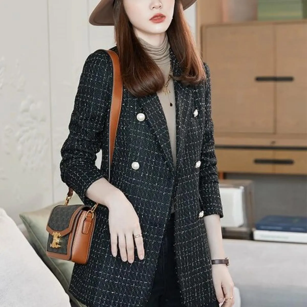 Cappotto da giacca casual dritto doppiopetto a maniche lunghe da donna invernale scozzese bianco nero
