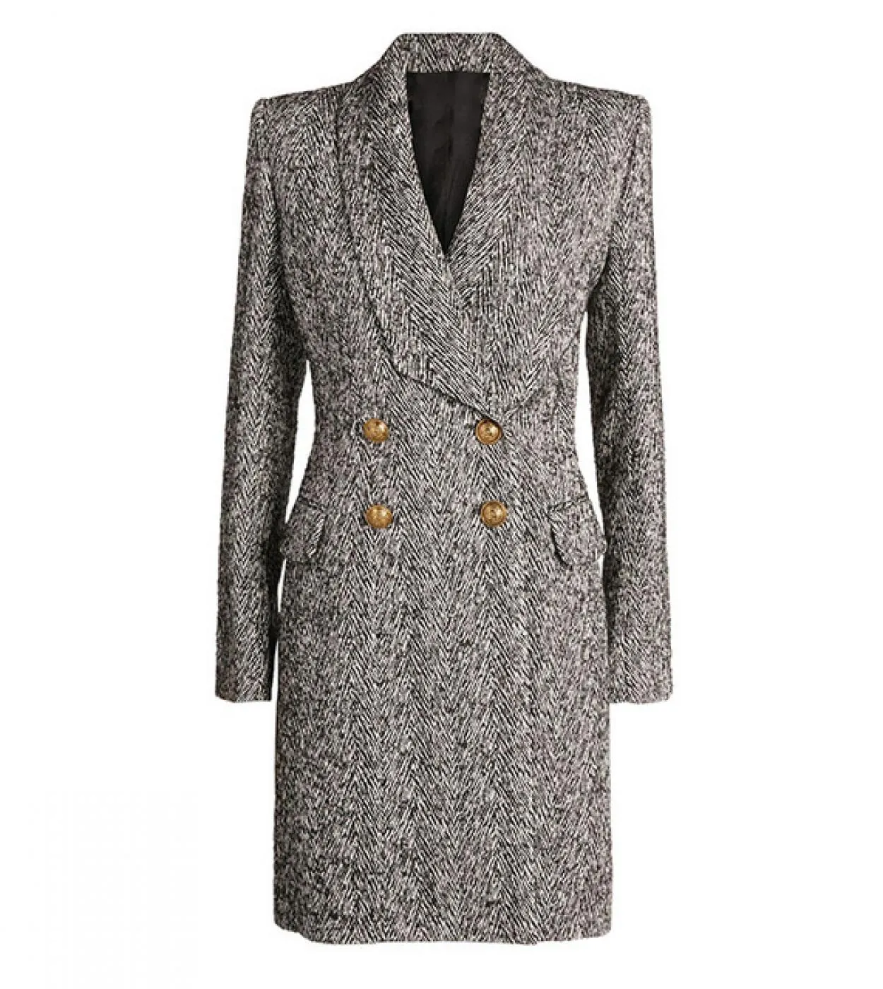 Cappotto di lana in twill a spina di pesce Donna Autunno Inverno Nuovo doppiopetto con bottoni Colletto con risvolto Trench lung