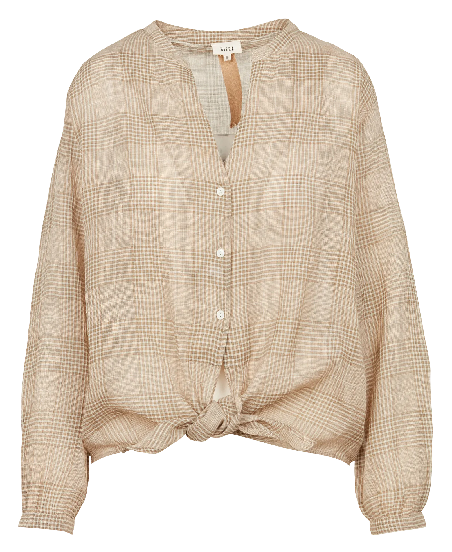  DIEGA   CALINA - Camicia collo serafino in cotone a quadri | Beige