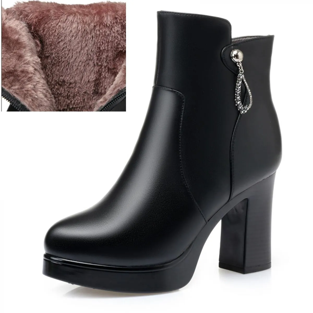 Donna Moda di lusso Stivali da neve in pelliccia calda Scarpe invernali in pelle di mucca Tacchi alti spessi Piattaforma di avvi