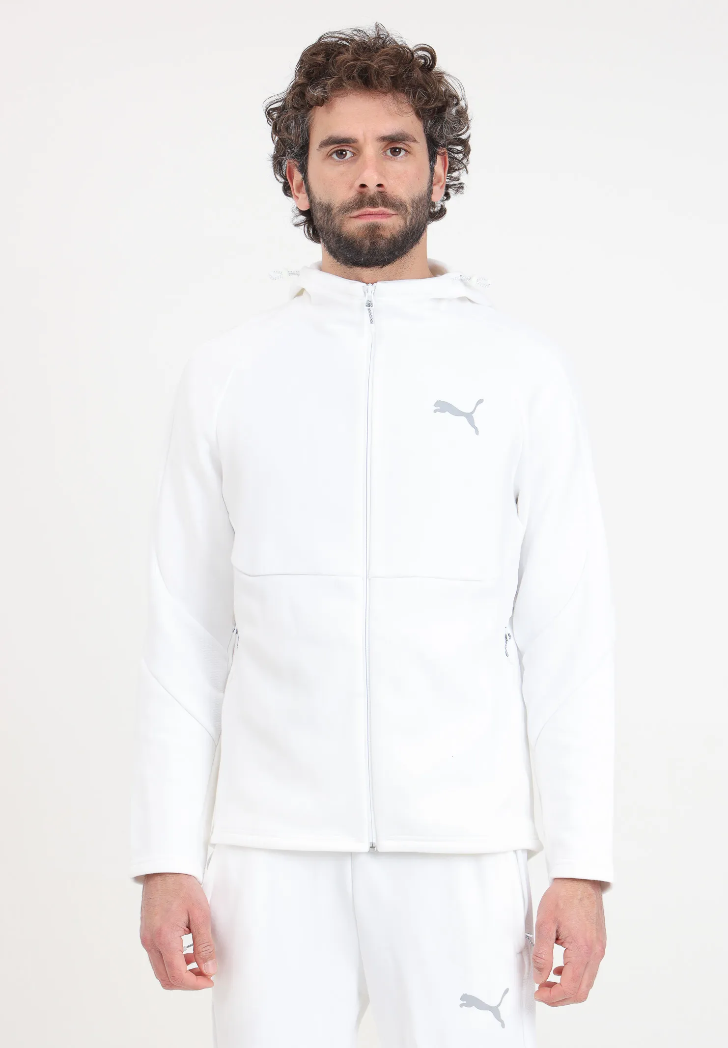 Felpa bianca con zip integrale e cappuccio EVOSTRIPE da uomo