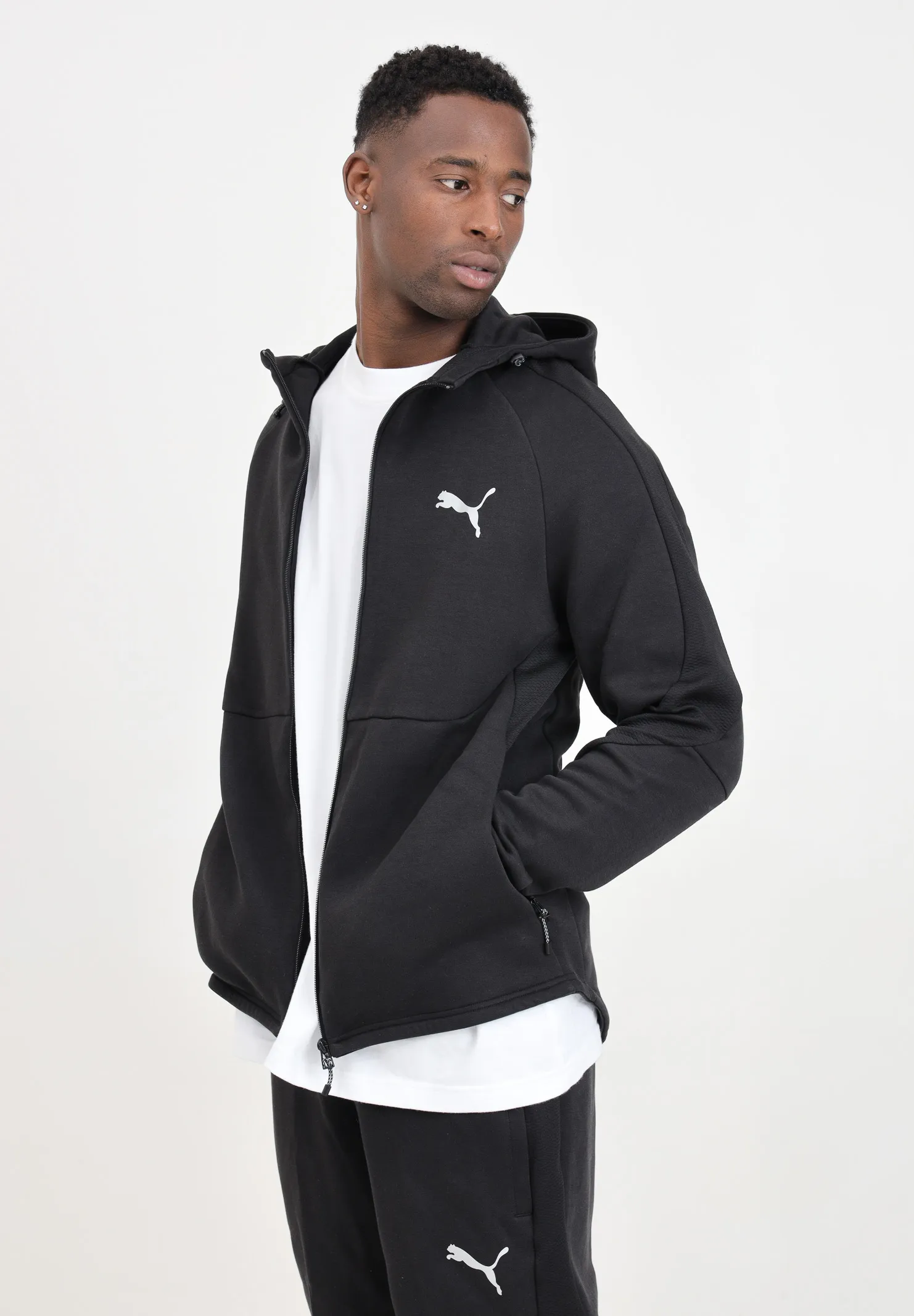 Felpa nera con zip integrale e cappuccio EVOSTRIPE da uomo
