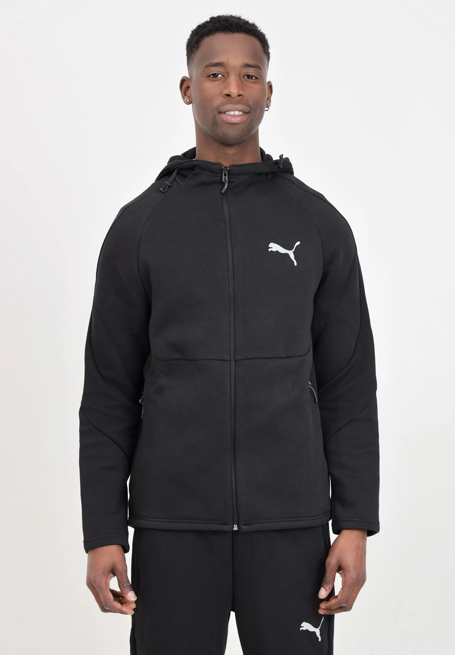 Felpa nera con zip integrale e cappuccio EVOSTRIPE da uomo