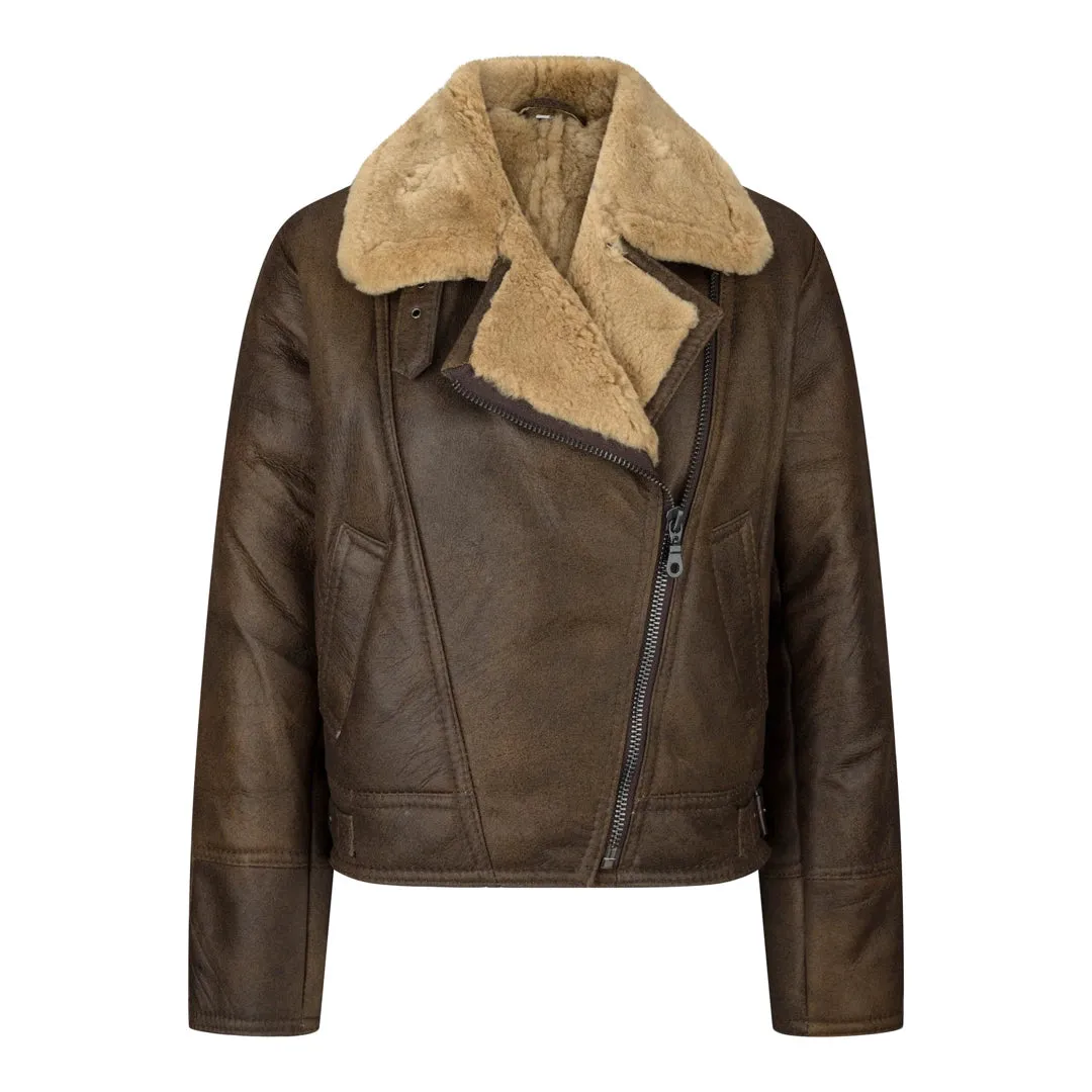 Giacca da Donna in Vera Pelle Marrone di Montone stile Pilota Vintage