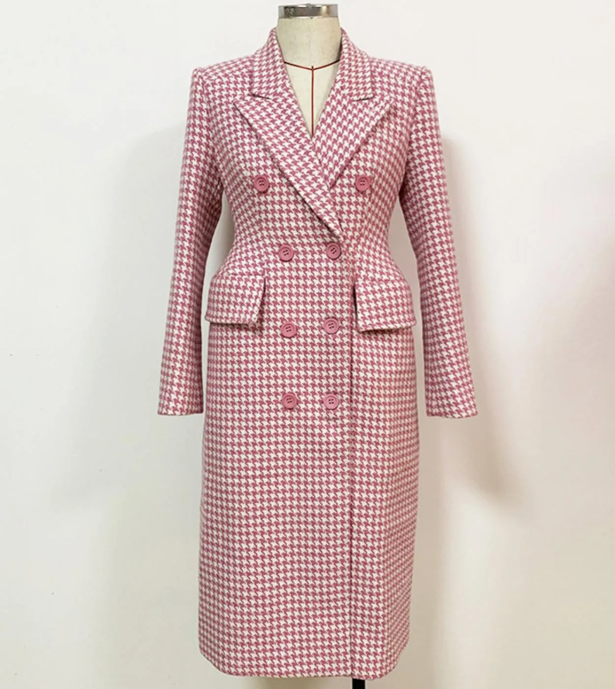 Giacche di lana scozzesi rosa Autunno Inverno Nuovo colletto da abito di alta qualità Cappotto lungo pied de poule Caldo soprabi