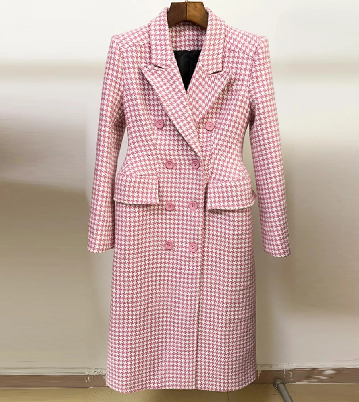 Giacche di lana scozzesi rosa Autunno Inverno Nuovo colletto da abito di alta qualità Cappotto lungo pied de poule Caldo soprabi