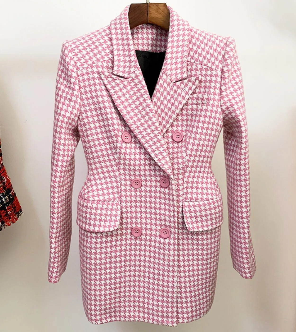 Giacche di lana scozzesi rosa Autunno Inverno Nuovo colletto da abito di alta qualità Cappotto lungo pied de poule Caldo soprabi