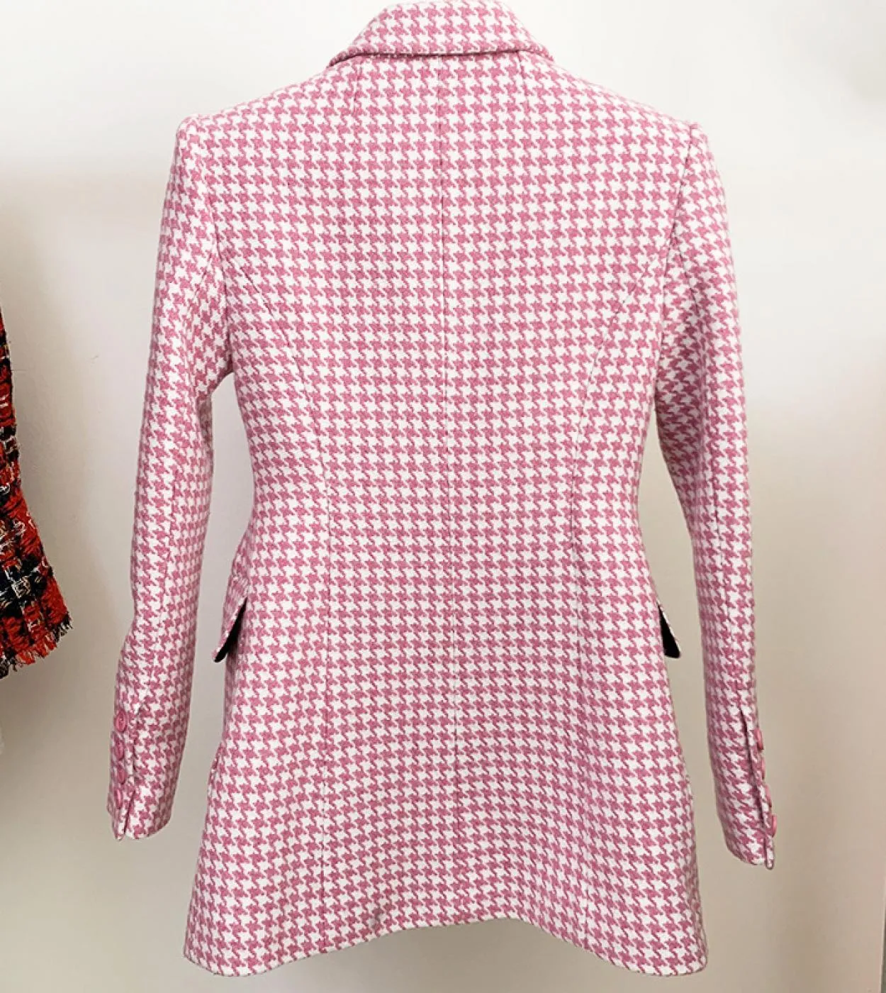 Giacche di lana scozzesi rosa Autunno Inverno Nuovo colletto da abito di alta qualità Cappotto lungo pied de poule Caldo soprabi