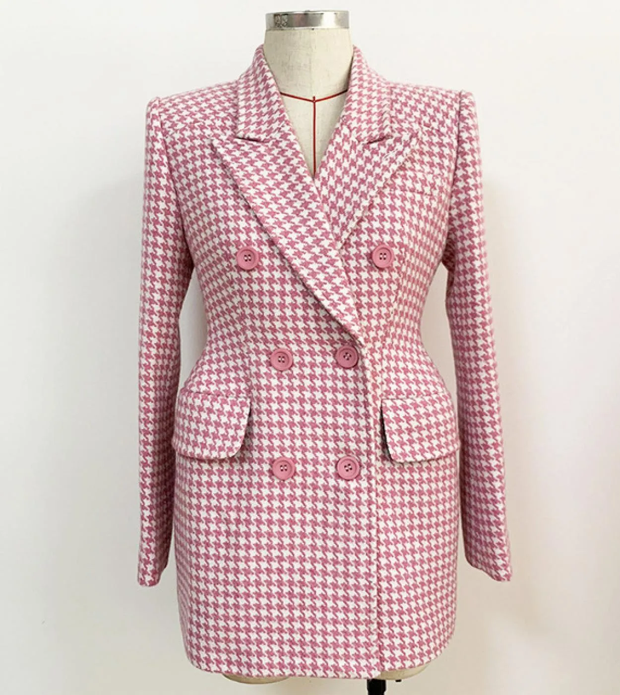 Giacche di lana scozzesi rosa Autunno Inverno Nuovo colletto da abito di alta qualità Cappotto lungo pied de poule Caldo soprabi