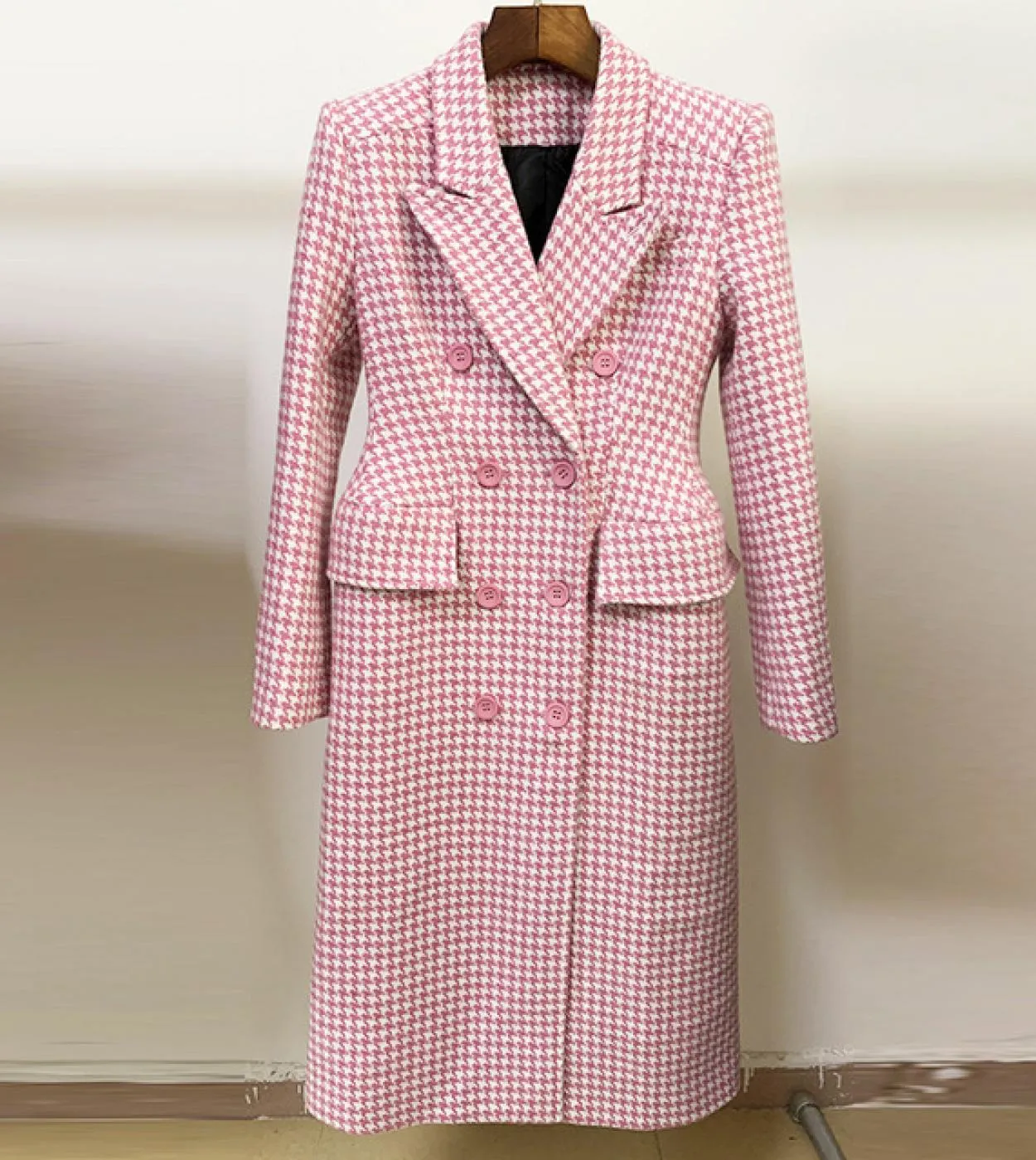 Giacche di lana scozzesi rosa Autunno Inverno Nuovo colletto da abito di alta qualità Cappotto lungo pied de poule Caldo soprabi