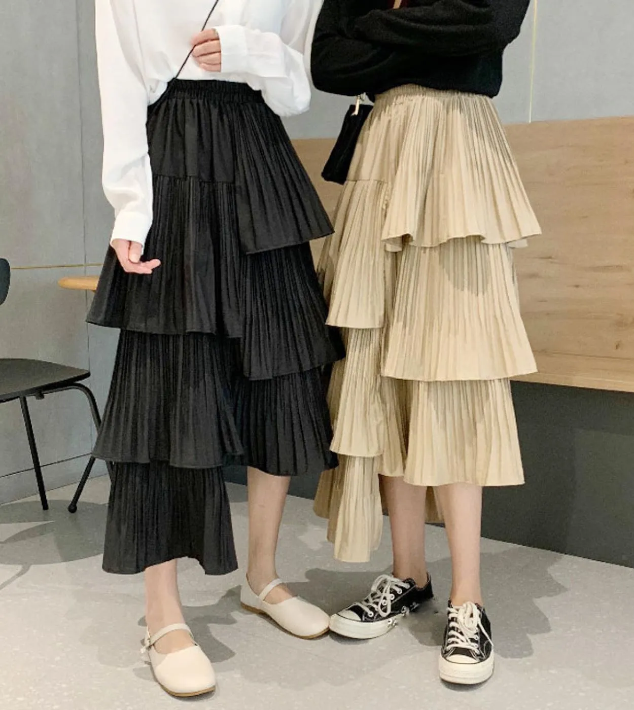 Gonna lunga midi estiva moda irregolare beige bianca donna primavera autunno casual gonne a vita alta con volant a vita alta fem