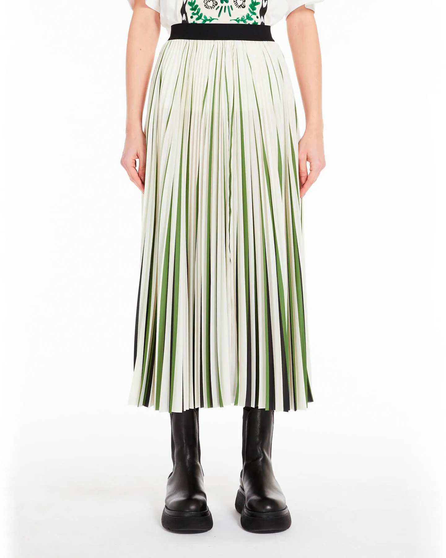 Gonna midi bianca plissè in viscosa stretch a righe sottili verdi con fascia elasticizzata in vita