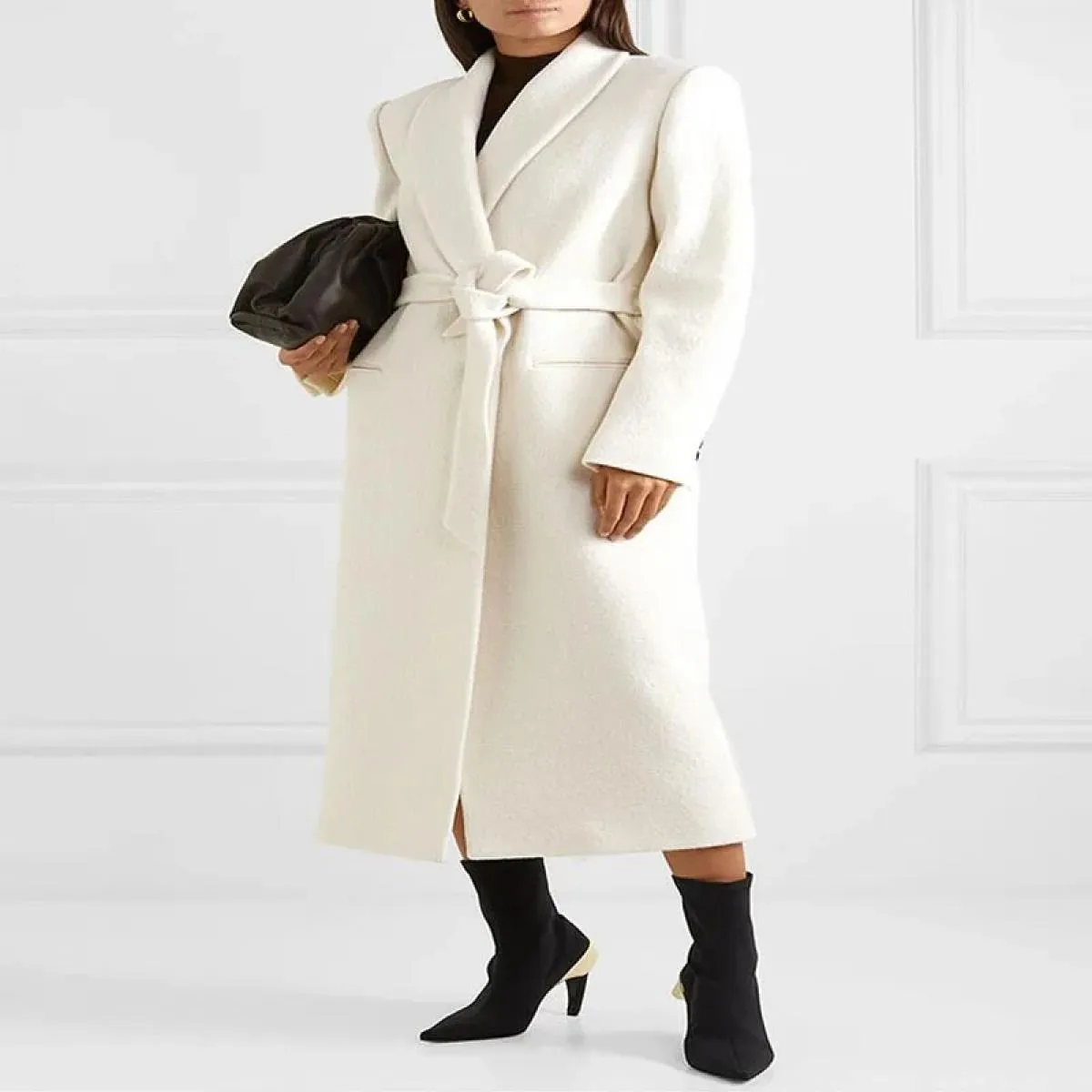 High Street 2022 Autunno Inverno Cappotto firmato da donna Collo a scialle Bottone singolo con cintura Misto lana Cappotto lungo
