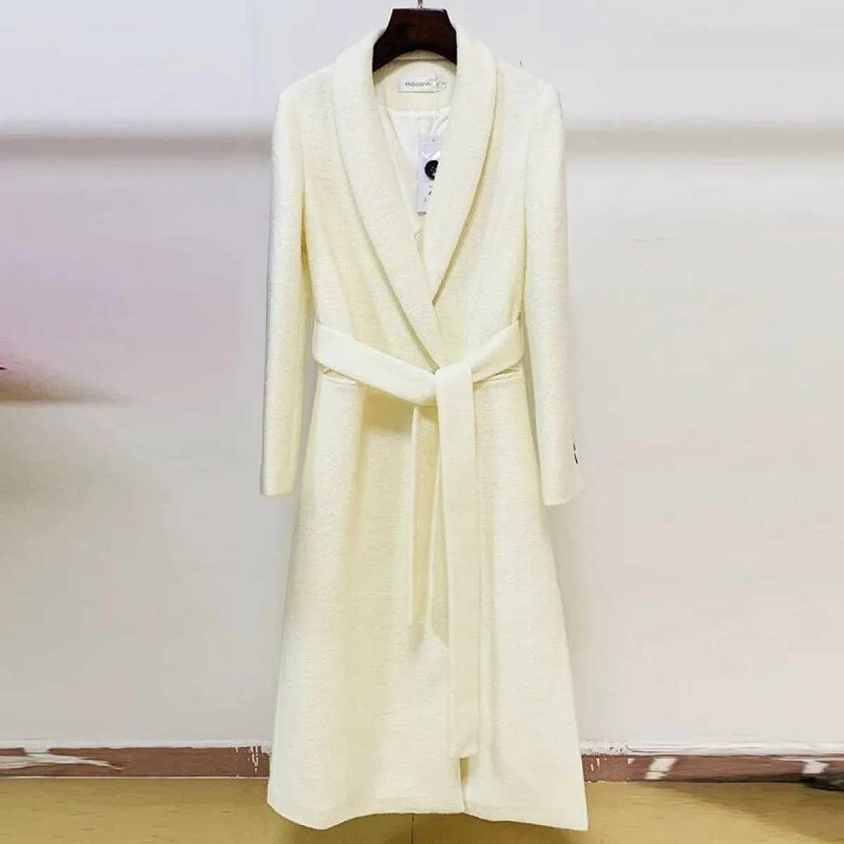 High Street 2022 Autunno Inverno Cappotto firmato da donna Collo a scialle Bottone singolo con cintura Misto lana Cappotto lungo
