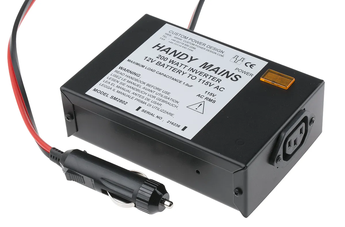 Inverter c.c.-c.a. per auto Custom Power Design, ingresso 11 → 15V cc, uscita 115V ca, 2.2A, 200W, connettore