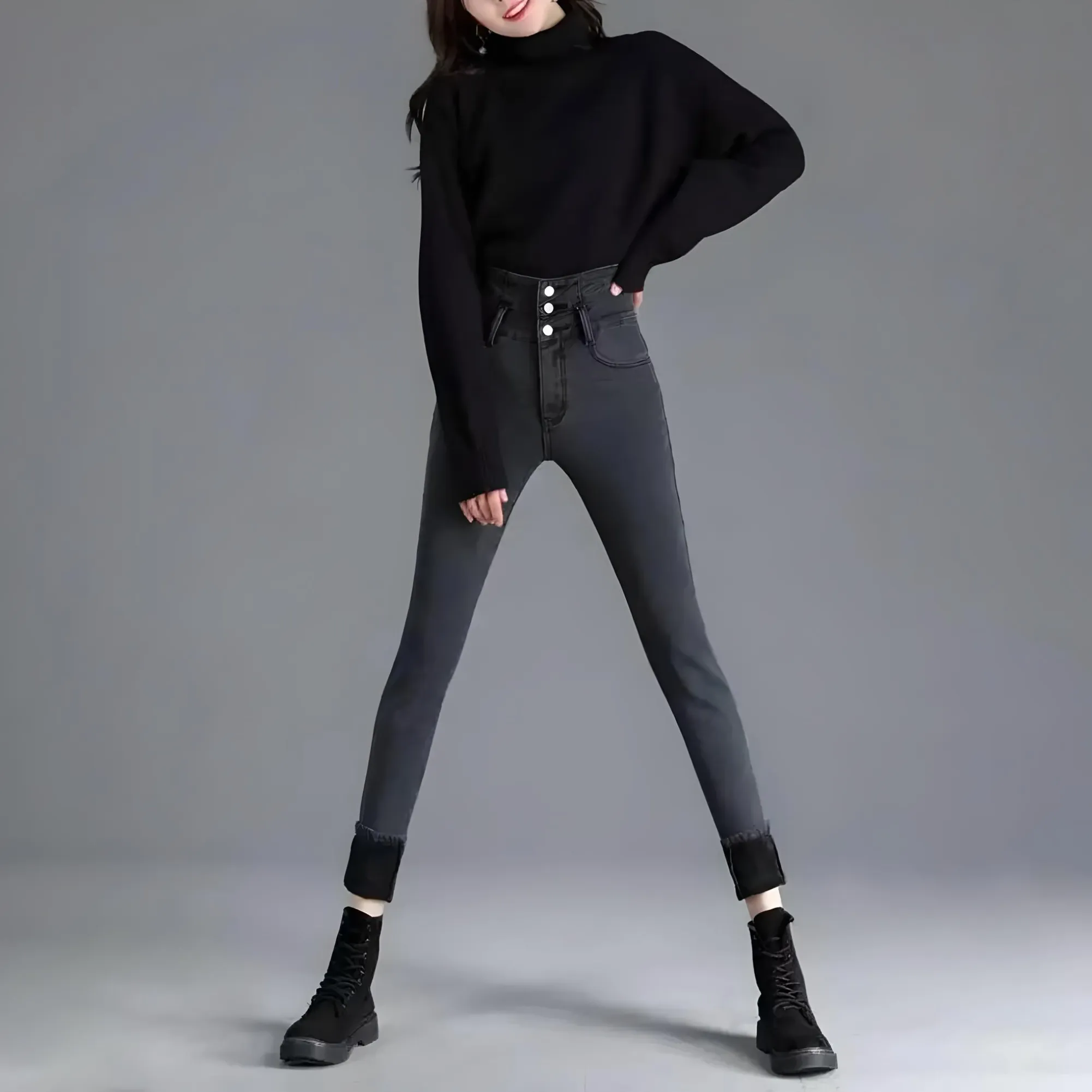 Jeans Skinny Donna Vita Alta Interno Pile Invernale Termico Bottoni Elasticizzato Casual