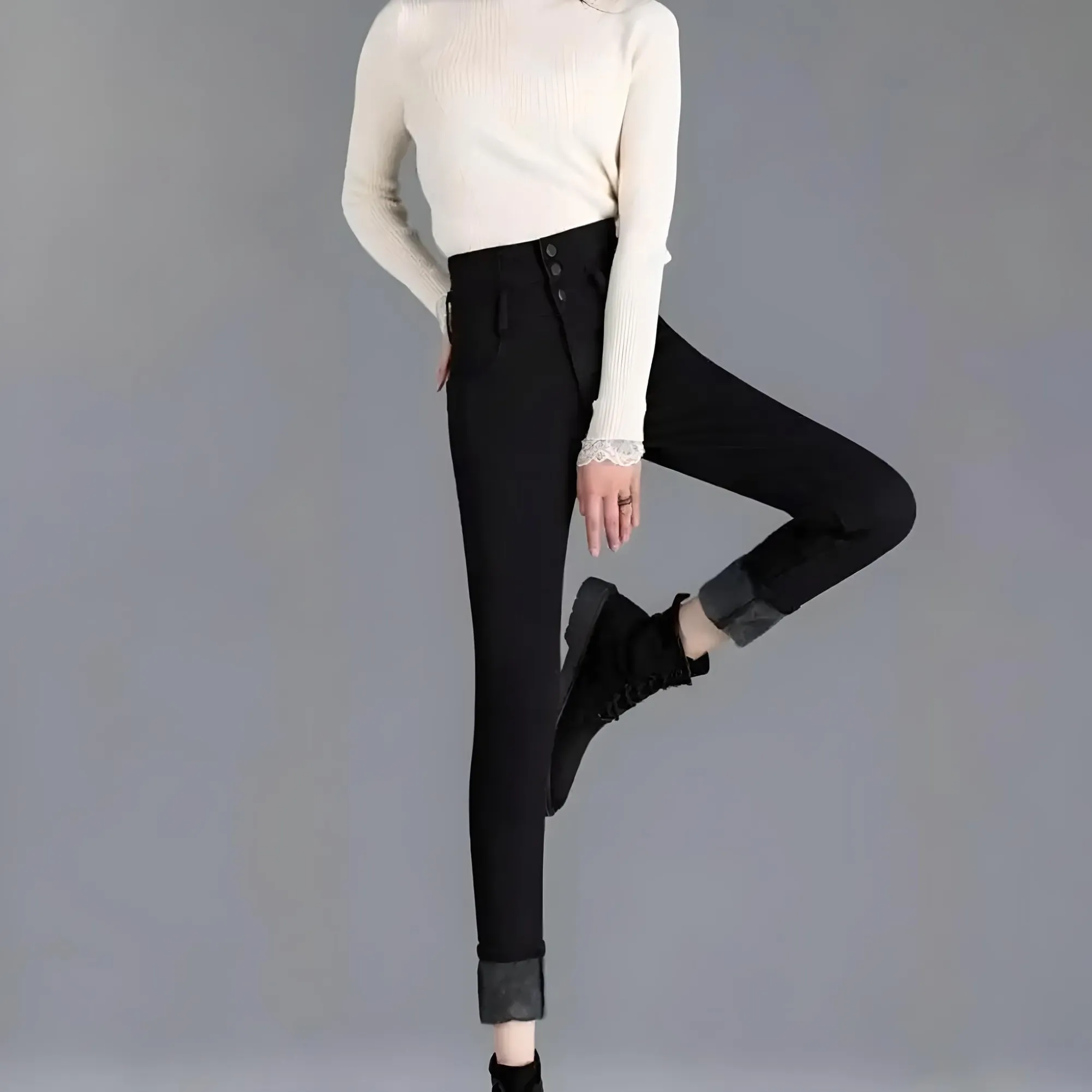 Jeans Skinny Donna Vita Alta Interno Pile Invernale Termico Bottoni Elasticizzato Casual