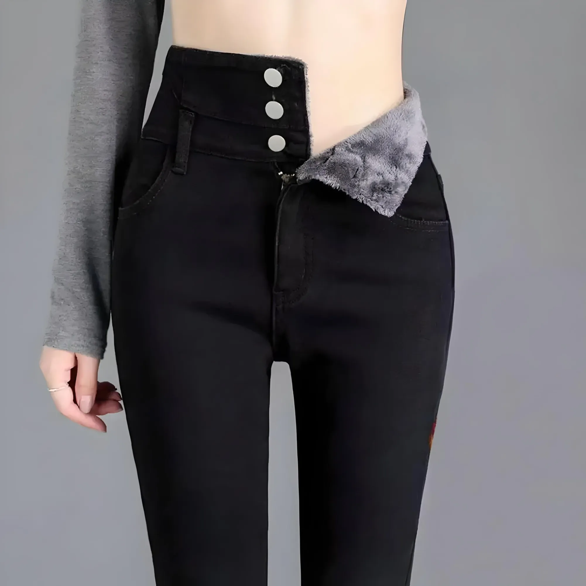 Jeans Skinny Donna Vita Alta Interno Pile Invernale Termico Bottoni Elasticizzato Casual