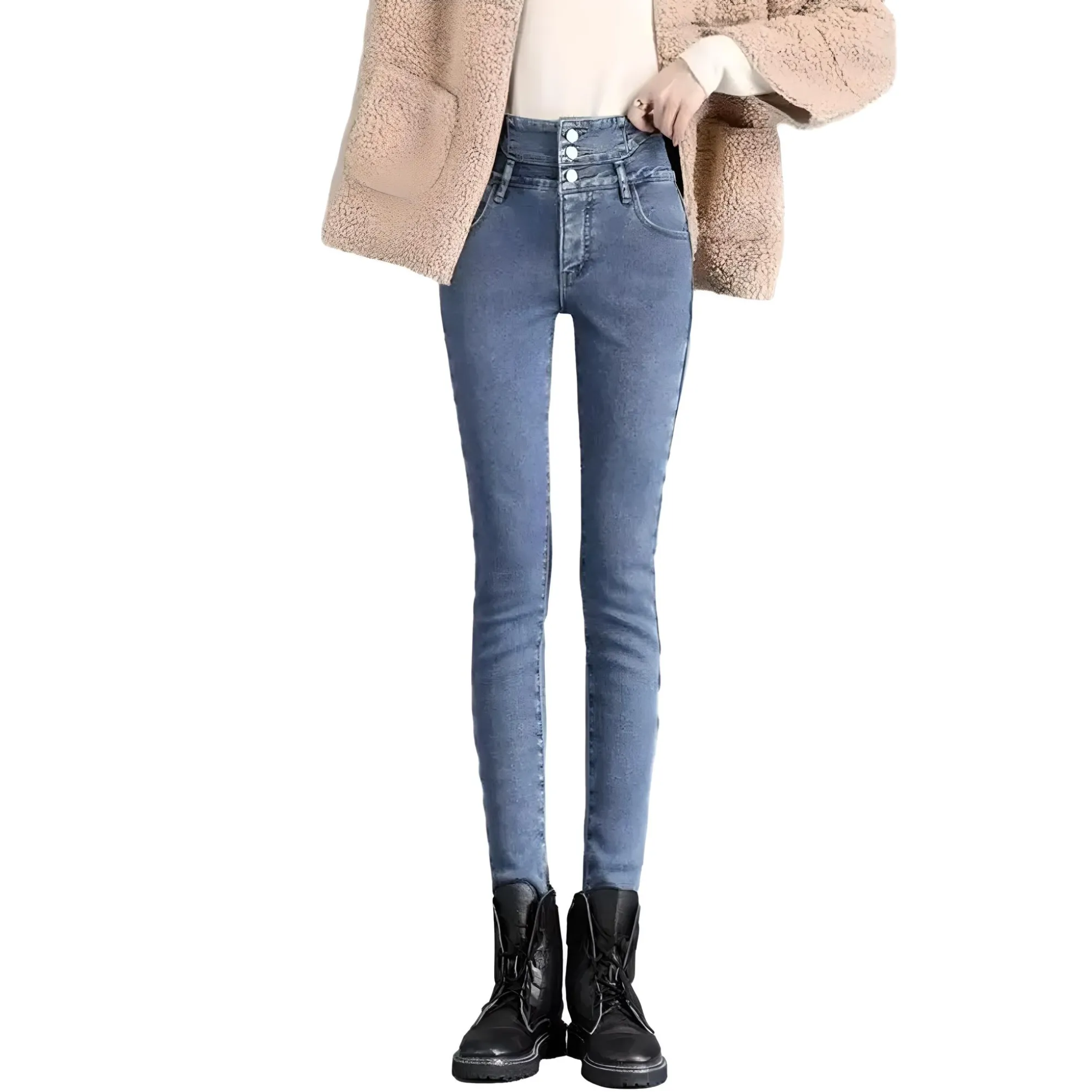 Jeans Skinny Donna Vita Alta Interno Pile Invernale Termico Bottoni Elasticizzato Casual