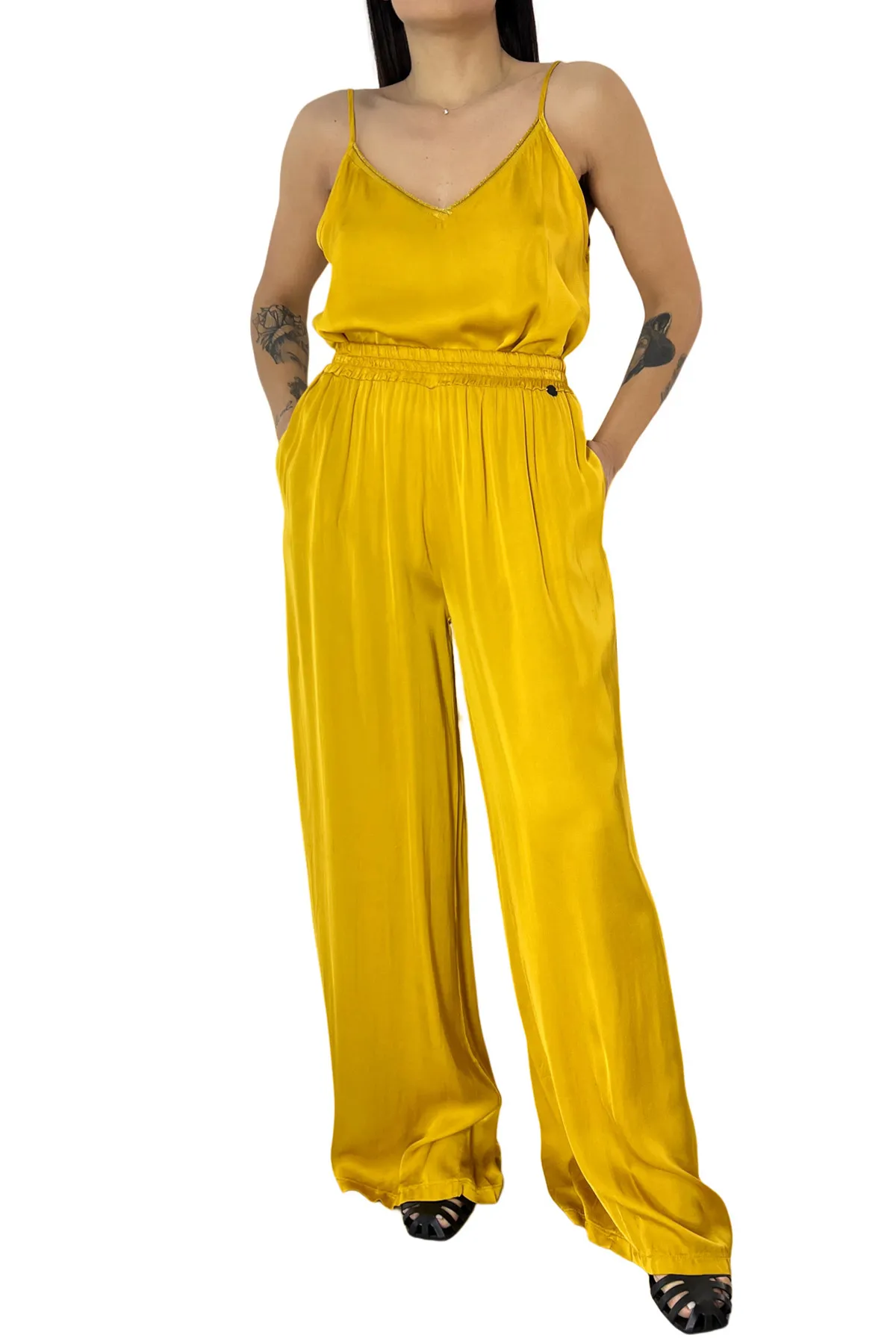 Pantalone donna in viscosa vita alta bustino elasticizzato gamba ampia e tasca a filo
