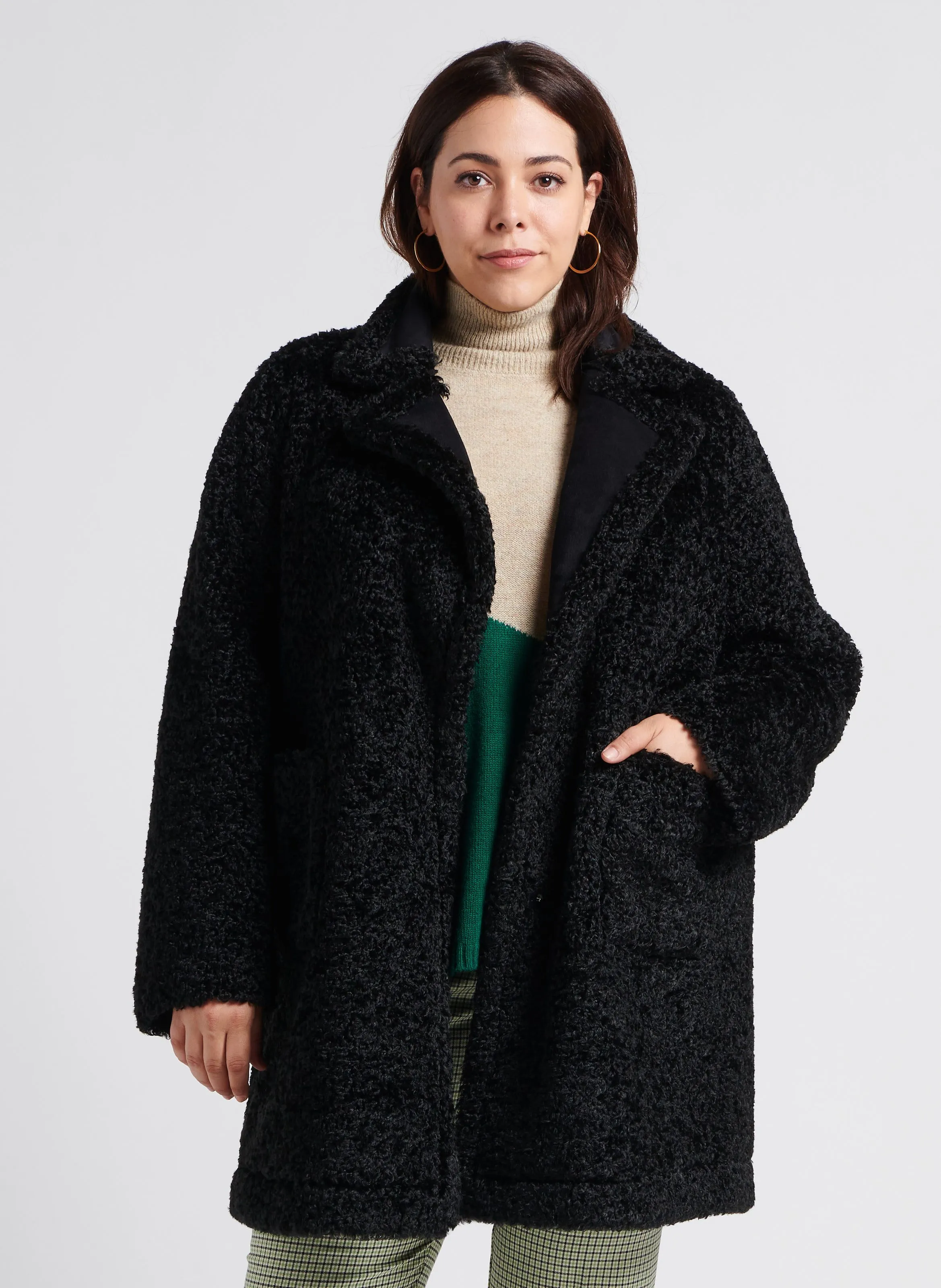 PERSONA by Marina Rinaldi   EDEN - Cappotto lungo double face con colletto in peluche | Nero