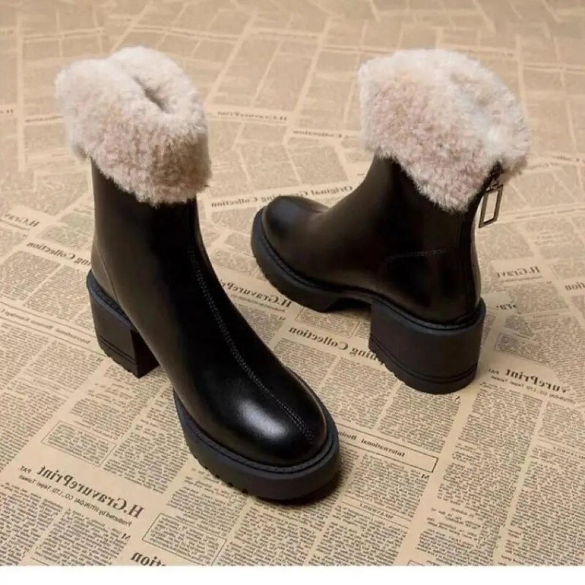 Pu Stivali a metà polpaccio moderni 2024 Scarpe tacco quadrato di marca per le donne Breve peluche Punta rotonda Tacco medio Tur