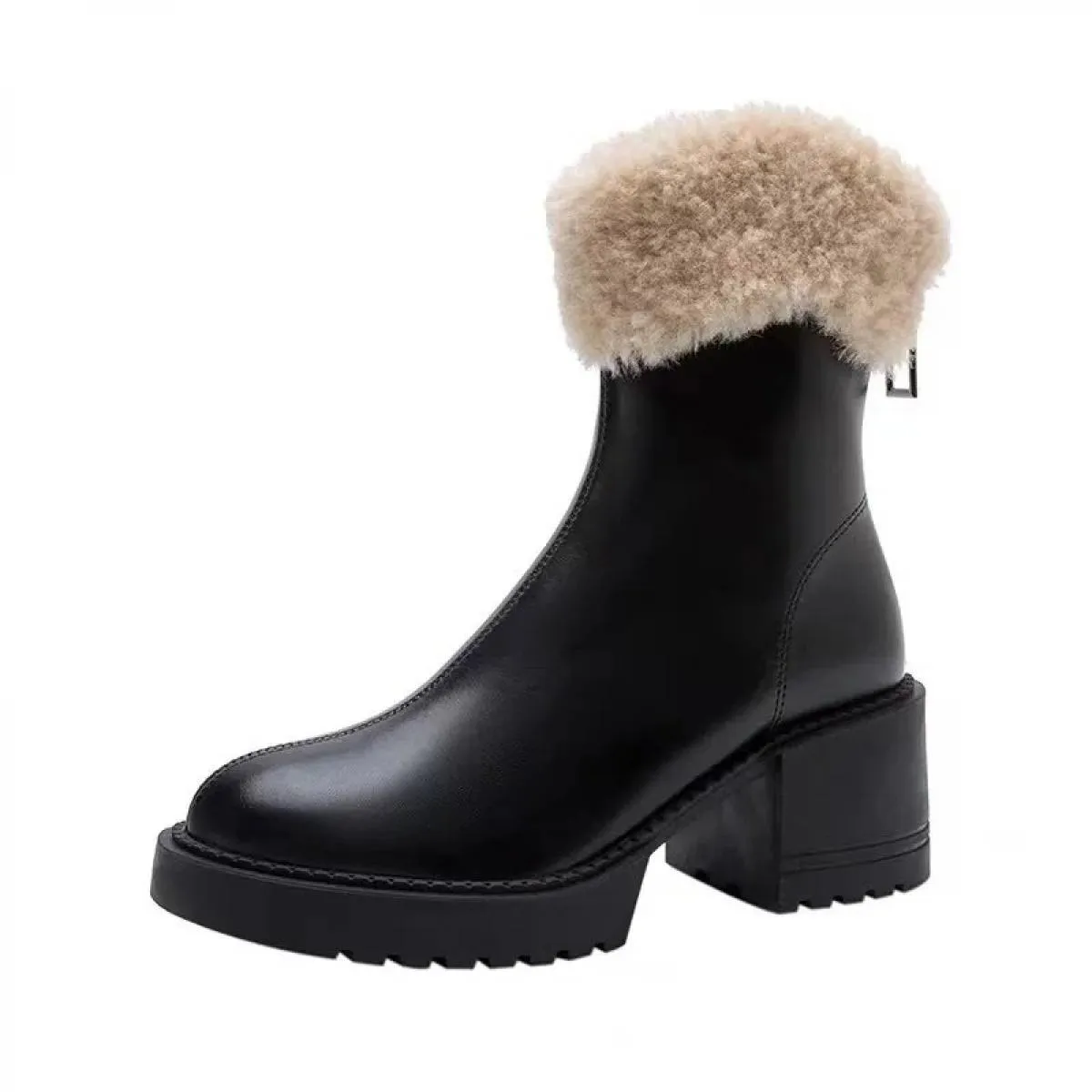 Pu Stivali a metà polpaccio moderni 2024 Scarpe tacco quadrato di marca per le donne Breve peluche Punta rotonda Tacco medio Tur